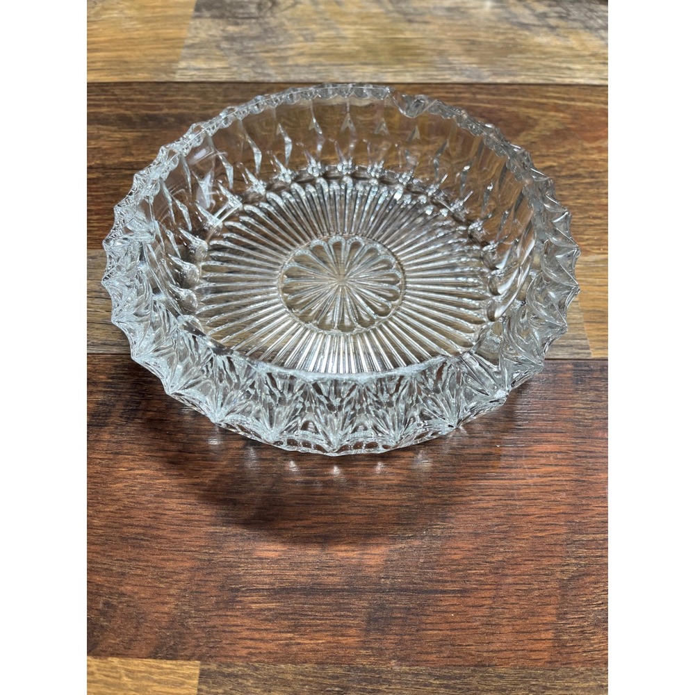 Vintage Clear Cut Glass Ashtray Round Sunburst Diamond Pattern Trinket Dish
